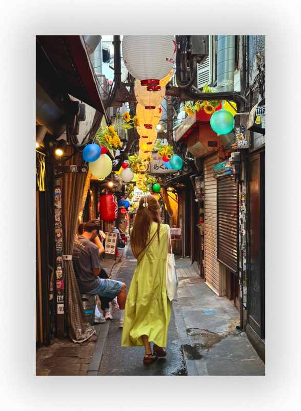 Tokyo stroll alleyway with lanterns, girl walking